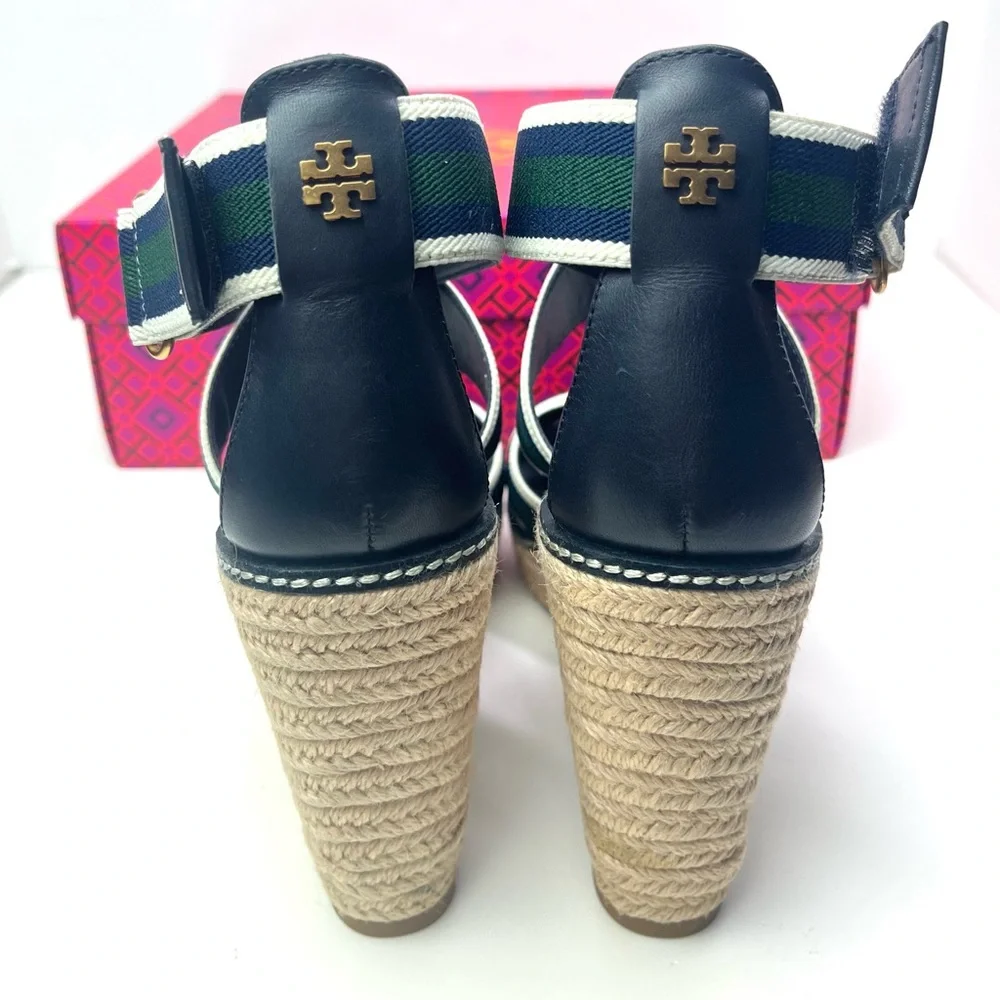 Tory Burch Frieda Platform Wedge Espadrille Blue Green Summer Sandals